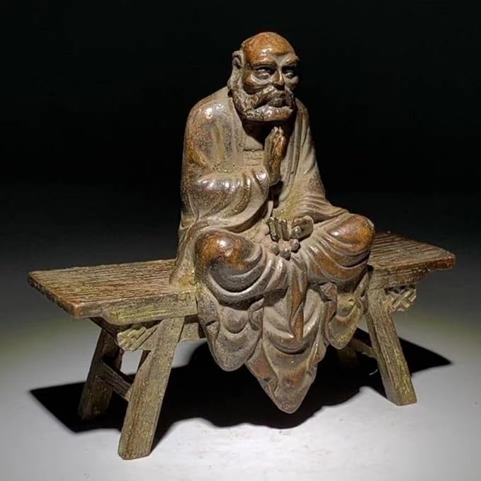 Antique Solid Brass Luohan Figure Buddhist Monk Bodhidharma Sit on Stool Statue Ornament Copper Statue Figurines Brass Zen Feng Shui Meditaion Yoga Ornament Collectible Buddhist Figurine Metal Art