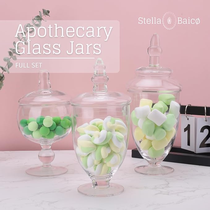 Set of 3 Apothecary Jar Glass, Glass Apothecary Jars with Lids, Clear Candy Jars for Candy Buffet, Decorative Jar for Display, Party and Wedding, Elegant Candy Canisters Set