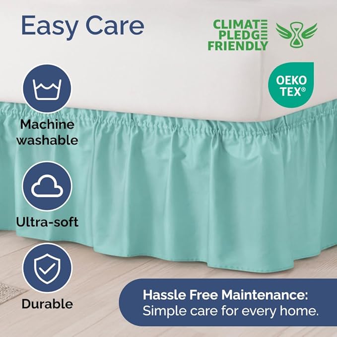 Wrap Around Dust Ruffle Bed Skirt - Spa Blue - for King Size Beds with 18 Inch Drop - Easy Fit Elastic Strap - Adjustable Pleated Bedskirt w/Brushed Fabric Wrinkle Free - for Women, Men, Kids & Teens