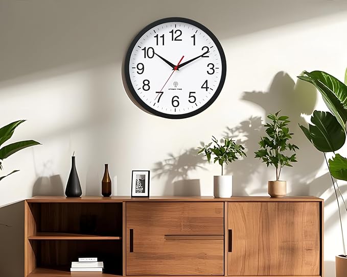 Atomic Wall Clock, Modern 10 Inch Battery Operated Wall Clocks, Analog Clock for Living Room, Office, Home, Bedroom, Kitchen, Bathroom(Black)