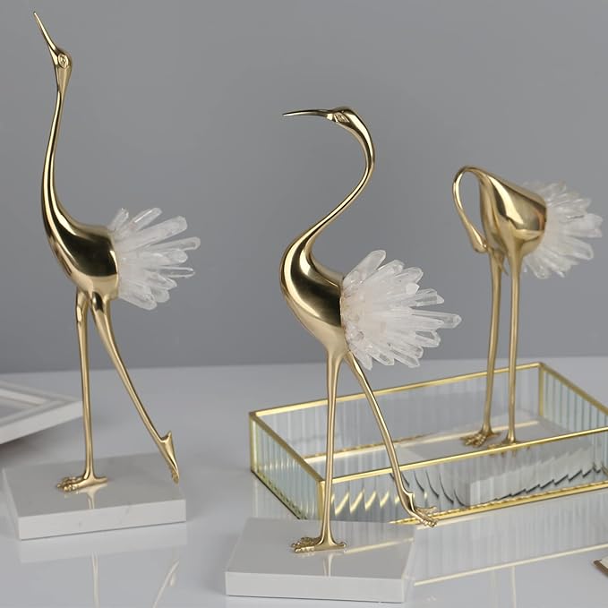 suruim Elegant Gold Crane Bird Statues with Crystal Tail Accents, Decorative Brass Figurines for Home Decor (White C)