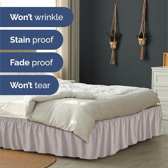 Wrap Around Dust Ruffle Bed Skirt - Light Grey - Twin/Twin XL Size Beds with 15 Inch Drop - Elastic Strap - Adjustable Pleated Bedskirt with Brushed Fabric and Wrinkle Free - Women, Men, Kids & Teens