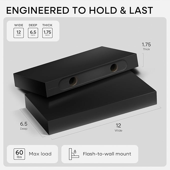Homeforia Floating Shelf Black 12 inch, High End Solid Real Wood Small 12inch Floating Shelves for Wall Mounted, Black Wooden 12 in Floating Shelves, Heavy Duty Bracket, 12 X 6.5 X 1.75 inch, Set of 2