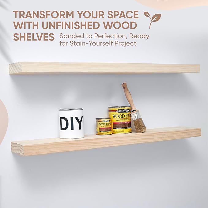 Homeforia Wood 48 inch Floating Shelf, High End Solid Natural Wood 48inch Floating Shelves for Wall Mounted, Unfinished Wooden Large Floating Shelves, Heavy Duty Bracket, 48 X 6.5 X 1.75 in, Set of 3