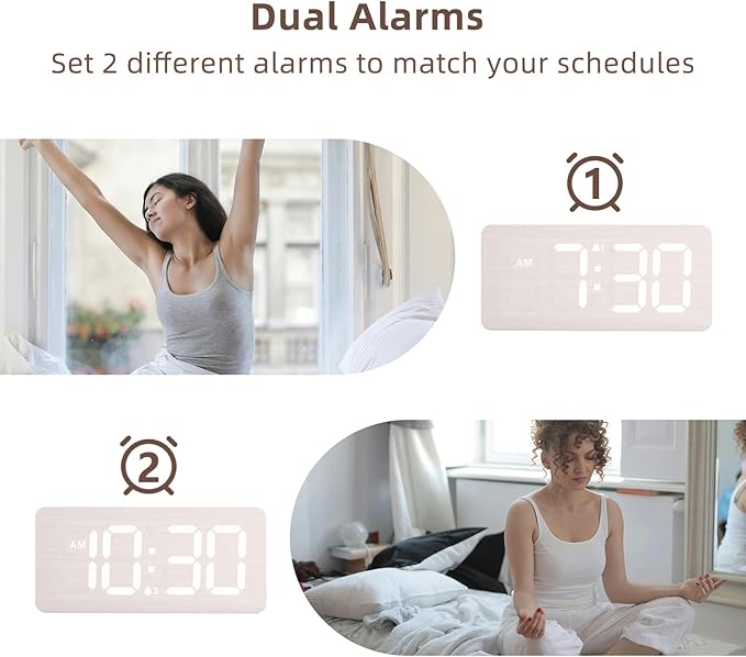 uscce Wooden Digital Alarm Clocks for Bedrooms: Dimmable Dual Alarm Clock with Large Numbers for Bedside Desk - Loud Alarm for Heavy Sleepers with Volume Control - Wood Decor & Gifts