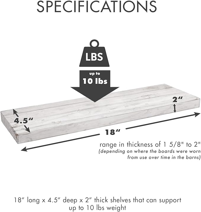 Urban Legacy Reclaimed Barnwood Planks | Floating Shelves for Wall w/Flush Mount Shelf Bracket Set Included | Set of 2 (White Wash, 18"x 4.5"x 2")