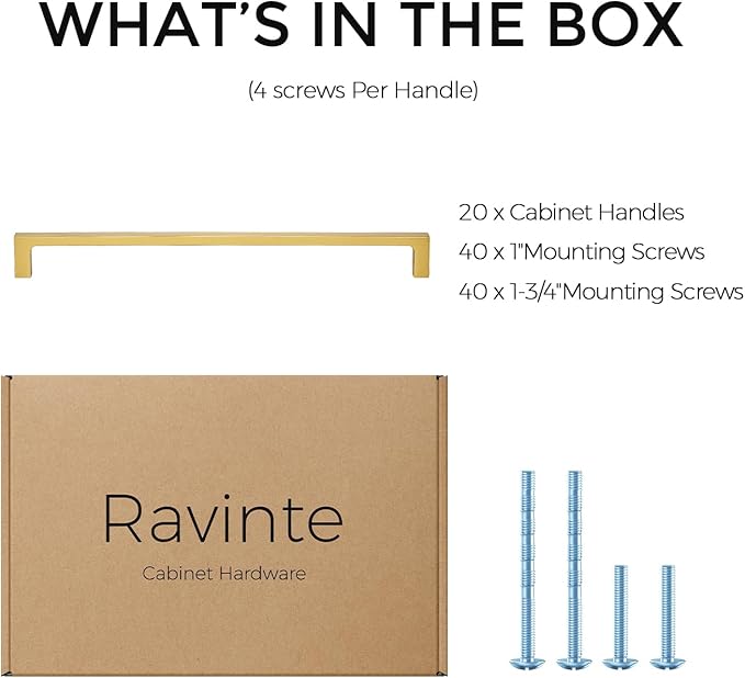 Ravinte 20 Pack 10 Inch Solid Square Cabinet Pulls - Brushed Brass Handles for Kitchen Cabinets & Drawers