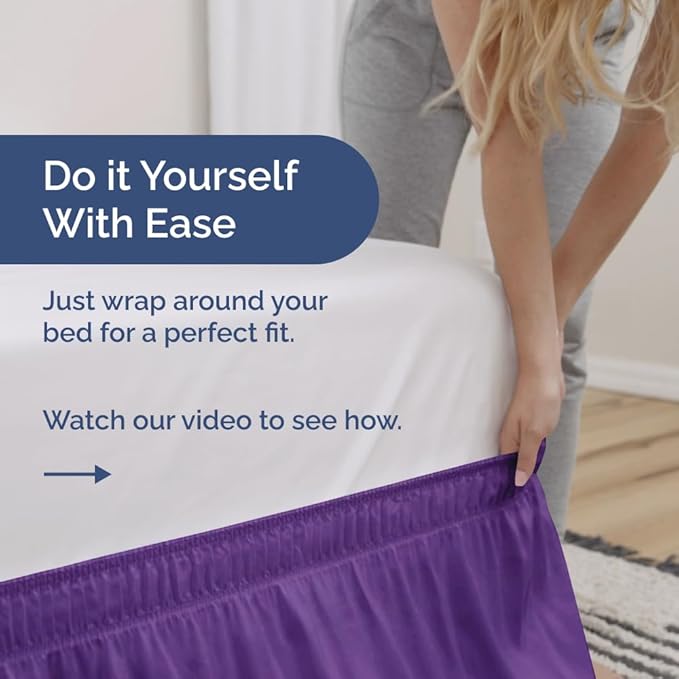 Wrap Around Dust Ruffle Bed Skirt - Purple - for Full Size Beds with 18 Inch Drop - Easy Fit Elastic Strap - Adjustable Pleated Bedskirt w/Brushed Fabric - Wrinkle Free - for Women, Men, Kids & Teens