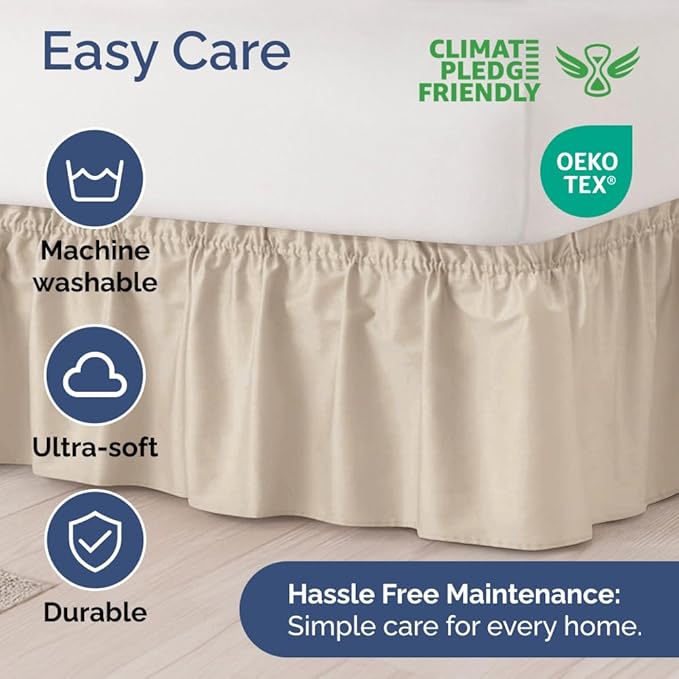 Wrap Around Dust Ruffle Bed Skirt - Wheat - for Queen Size Beds w/ 12 Inch Drop - Easy Fit Elastic Strap - Adjustable Pleated Bedskirt w/Brushed Fabric - Wrinkle Free - for Women, Men, Kids & Teens