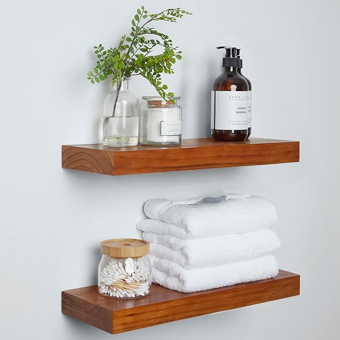 Homeforia 18 inch Floating Shelf Oak, High End Solid Real Wood 18inch Long Floating Shelves for Wall Mounted, Honey Oak Wooden 18in Floating Shelves, Heavy Duty Bracket, 18 X 6.5 X 1.75 inch, Set of 2
