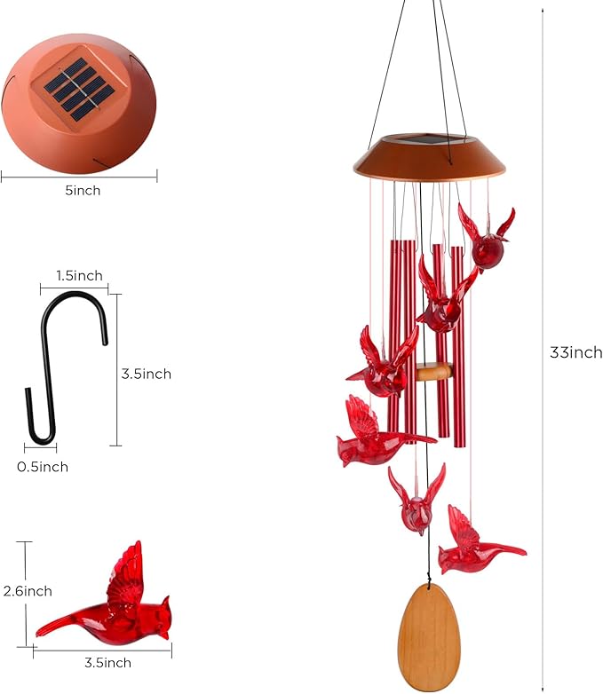 Cardinals Decorative Mobiles Gifts, Solar Cardinals Wind Chimes, Gifts for Mom, Women, Grandma, Garden Courtyard Lawn Decoration, Thanksgiving Gift, Decor Gift for Christmas and New Year