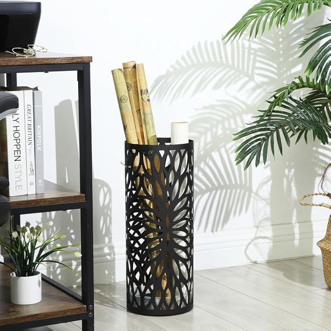SONGMICS Umbrella Stand, Umbrella Holder for Entryway, Steel Round Umbrella Rack Freestanding, for Canes Walking Sticks, with a Detachable Drip Tray, 2 Long and 2 Short Hooks, Matte Black ULUC20B