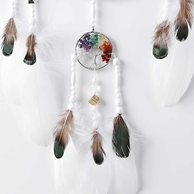 7 Chakras Tree of Life Dream Catcher Wall Decor with Rainbow Healing Crystal Stone Handmade White Feather DreamCatchers Wall Hanging Ornaments for Bedroom Home Decor Blessing Gift Wedding Party -22"