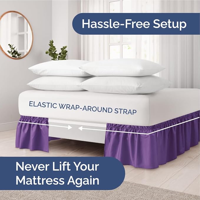 Wrap Around Dust Ruffle Bed Skirt - Purple - for King Size Beds with 21 Inch Drop - Easy Fit Elastic Strap - Adjustable Pleated Bedskirt w/Brushed Fabric - Wrinkle Free - for Women, Men, Kids & Teens