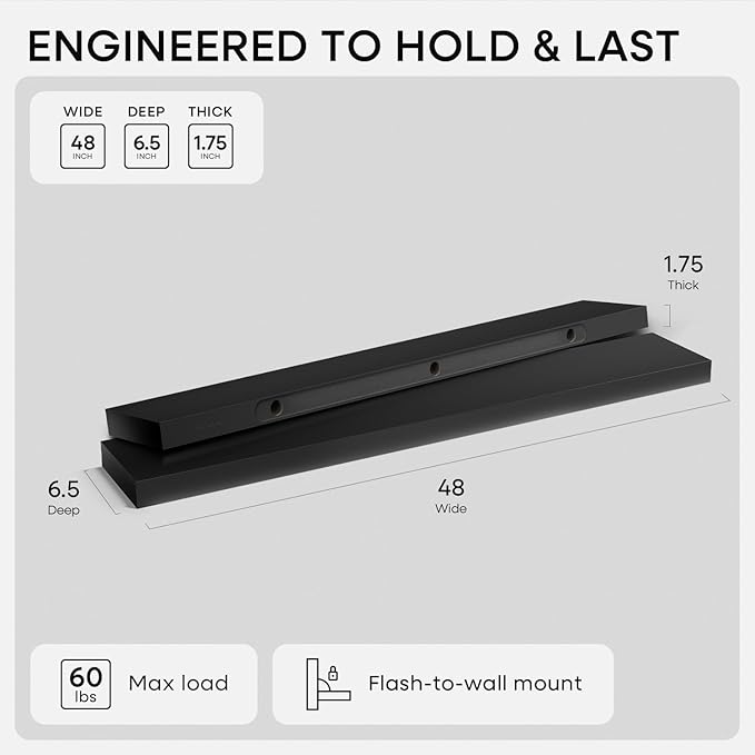 Homeforia Black Floating Shelf 48 inches, High End Solid Real Wood 48 inch Long Floating Shelves for Wall, Black Wooden 48inch Large Floating Shelves, Heavy Duty Bracket, 48 X 6.5 X 1.75 in, Set of 3
