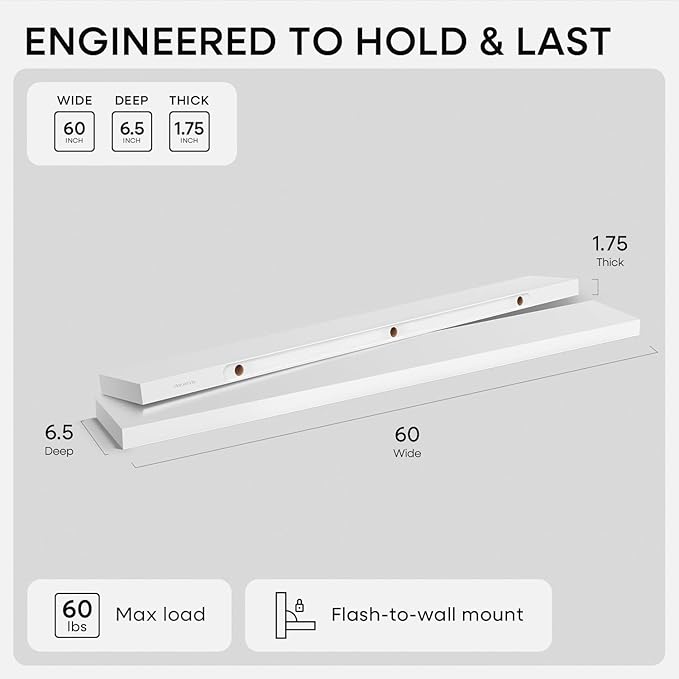 Homeforia Floating White Shelf 60 inches, High End Solid Real Wood 60inch Long Floating Shelves for Wall Mounted, White Wooden 60in Floating Shelves, Heavy Duty Bracket, 60 X 6.5 X 1.75 inch, Set of 3