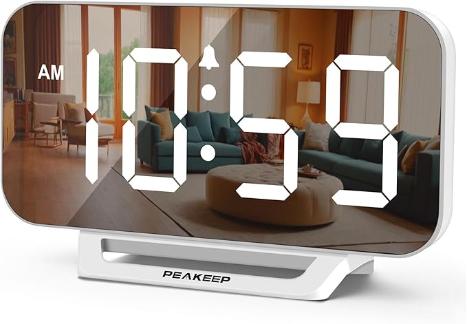 Peakeep Slim Digital Mirror Aesthetic Alarm Clock for Bedrooms Desk Decor, Plug in Electric Big LED Modern Small Clock for Office Living Room, Battery Backup, 6 Dimmers (White)