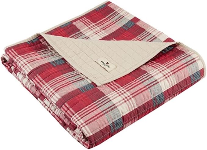 Woolrich Luxury Quilted Throw - Cabin Lifestyle, Patchwork with Moose Design All Season, Lightweight and Breathable Cozy Bedding Layer Throws for Couch Sofa, 50" W x 70" L, Tasha Red