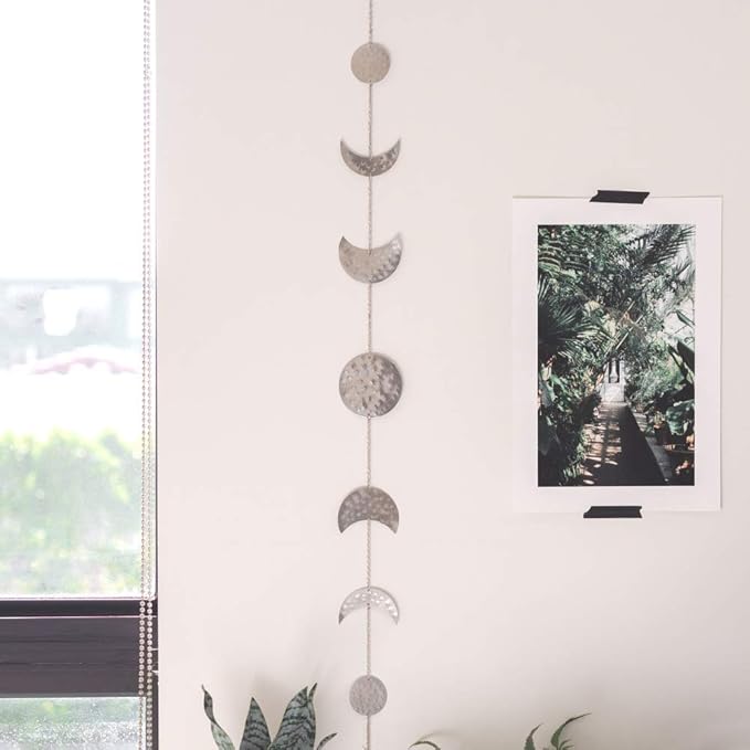 BASE ROOTS Moon Phase Wall Decor, Silver Wall Art for Bedroom, Bohemian and Astrology, Witchy Aesthetic 34" 7 Phases Metal Moon Wall Banner, Celestial Decoration, Gift for Women & Kids