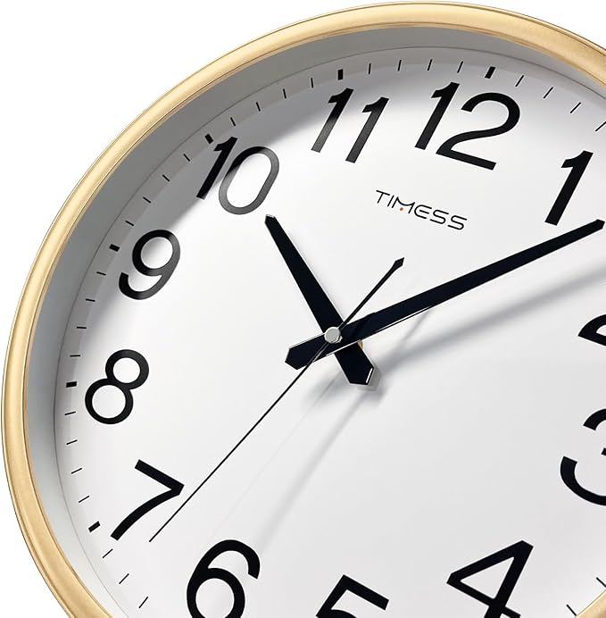 Wall Clock, 13 Inch Large Dial Non-Ticking Silent Battery Operated Quality Analog, Ultra-Quiet Movement Quartz, Timeless Stylish Clock, Ideal Modern Home, Office Décor (Gold)