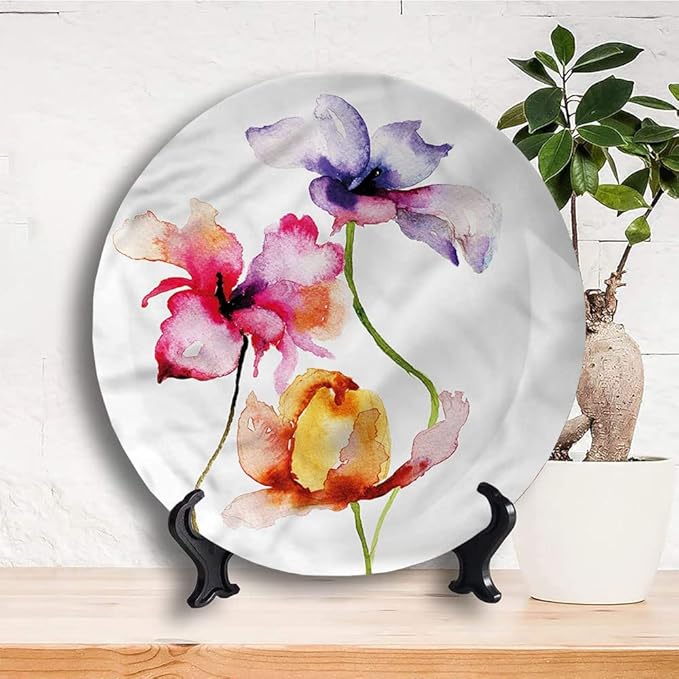 Ceramic Display Plate, Floral Ceramic Hanging Decorative Plate, Vibrant Tones Summer Flowers, 8 Inch, Living Room Kitchen Decoration Household, Multicolor