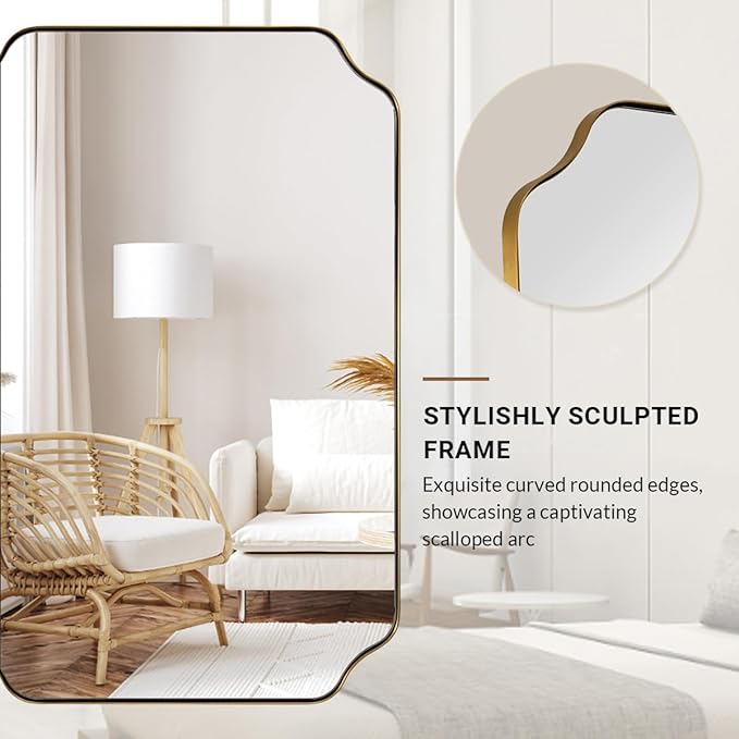 ANDY STAR 30"x40" Gold Bathroom Mirror, Large Scalloped Wall Mirror, Brushed Brass Mirror in Anti-Rust Stainless Steel Metal, Unique Rectangle Shape Decorative for Bathroom, Living Room, Entryway