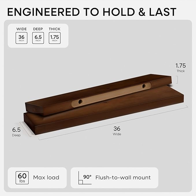 Homeforia Walnut 36 inch Floating Shelf, High End Solid Real Wood 36inch Large Shelves for Bathroom Wall, Dark Brown 36 inches Long Floating Shelves, Heavy Duty Bracket, 36 X 6.5 X 1.75 inch, Set of 3