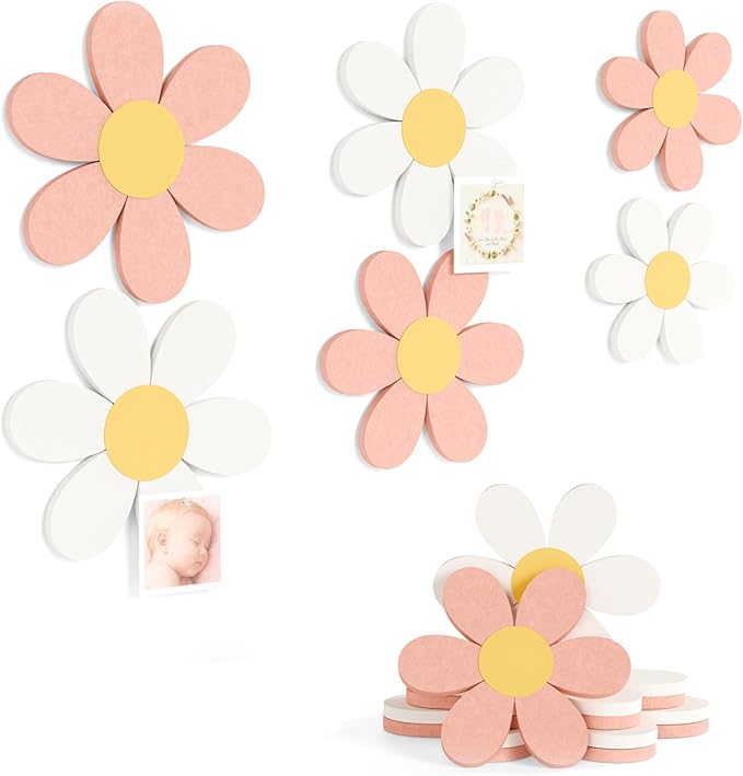 Fluxynara 6 PCS Daisy Felt Flower Wall Decor, Daisy Bulletin Board for Nursery & Girl Room, 3-Size Acoustic Felt Wall Art for Bedroom, Baby’s Room, Kids’ Spaces, Pink/White