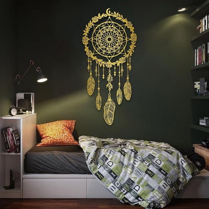Maclou Metal Dream Catcher Wall Decor, Metal Feather Wall Art, Boho Dream Catcher Wall Decor for Living Room, Bedroom, Girls Room (Silver,53x25 inch / 135x63 cm)