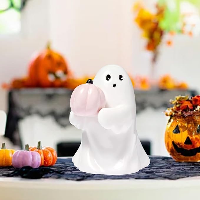 Halloween Ghost Figurine with Holding Pink Pumpkin, Funny Resin Ghost Statue Halloween Decor for Bookshelf, Terrace, Bedroom,Porch and Tabletop