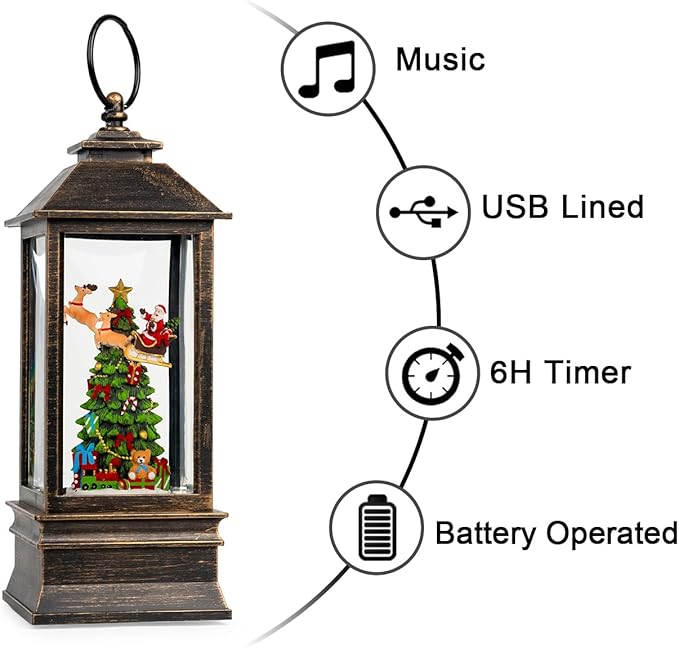 10'' Musical Snow Globe Lantern Lighted Christmas Tree and Flying Santa Water Lantern Swirling Glittering Home Decoration and Gift, Battery Operated or USB Powered
