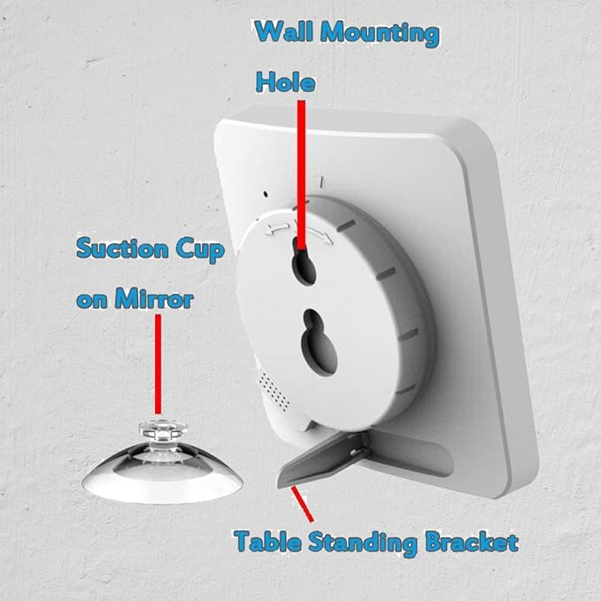 Waterproof Bathroom Wall Clock and Timer, Digital Water Resistant Hanging Timer for Shower, Large Display Kitchen Cooking Countdown Timers, Mirror Suction Clock with Temperature Humidity Meter (White)