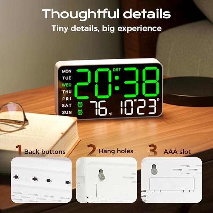 Multifunctional Decorative Led Digital Wall Clock,Large Digital Clock Shows Time,Date,Temperature,Auto Brightness Adjustment,Dual Alarms,Electronic Clock for Livingroom (Green lamp with black shell)
