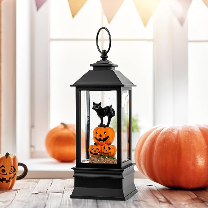 10'' Halloween Snow Globe Lantern Lighted Musical Water Lantern Spooky Pumpkin and Witch' s Black Cat Combo with Swirling Glitter, Battery Operated or USB Powered