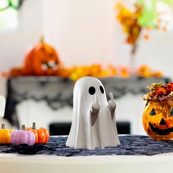 Halloween Ghost Figurine, Funny Resin Middle Finger Ghost Statue, Cute Decor for Halloween Decorations Indoor, Porch and Desk Spooky Home Decor Gifts