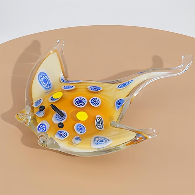 Crystal Ray Fish Figurine Hand Blown Glass Manta Ray Statue Collectibles Ocean Art Sea Animal Home Table Decor Gift Yellow 4.9''