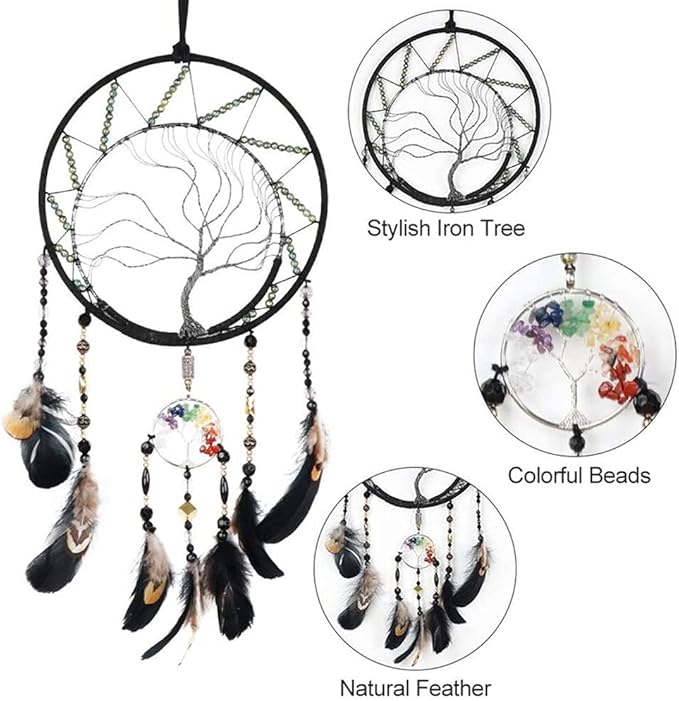 Pretty Jolly 7 Chakras Tree of Life Dream Catcher Wall Decor with Rainbow Healing Crystal Stone Handmade Black Feather DreamCatchers Wall Hanging Ornaments for Bedroom Home Decor Bless Gift Wedding
