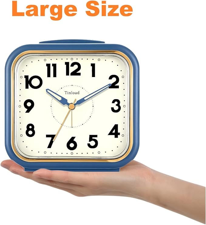 5.5" Large Analog Alarm Clock • Silent Non Ticking • Gentle Wake • Beep Sounds • Increasing Volume • Battery Operated Snooze and Manual Light • Retro Blue