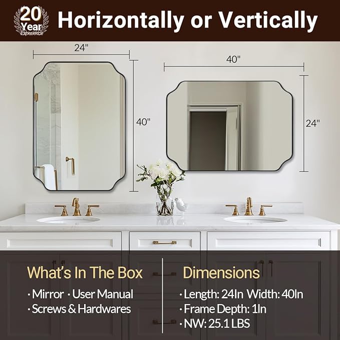 ANDY STAR Matte Black Mirror 24x40 Inch, Scalloped Mirror for Bathroom, Unique Rectangular Bathroom Mirror in Premium Stainless Steel Metal Frame 1’’ Deep, Hangs Vertically/Horizontally