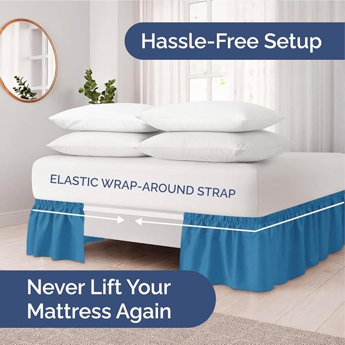 Wrap Around Dust Ruffle Bed Skirt - Denim Blue - for King Size Beds with 12 Inch Drop - Elastic Strap - Adjustable Pleated Bedskirt with Brushed Fabric and Wrinkle Free - for Women, Men, Kids & Teens