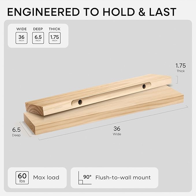 Homeforia 36 inch Natural Floating Shelf, High End Solid Real Wood 36inch Small Floating Shelves for Wall Mounted, Natural Wooden Floating Shelves, Heavy Duty Bracket, 36 X 6.5 X 1.75 in, Set of 4
