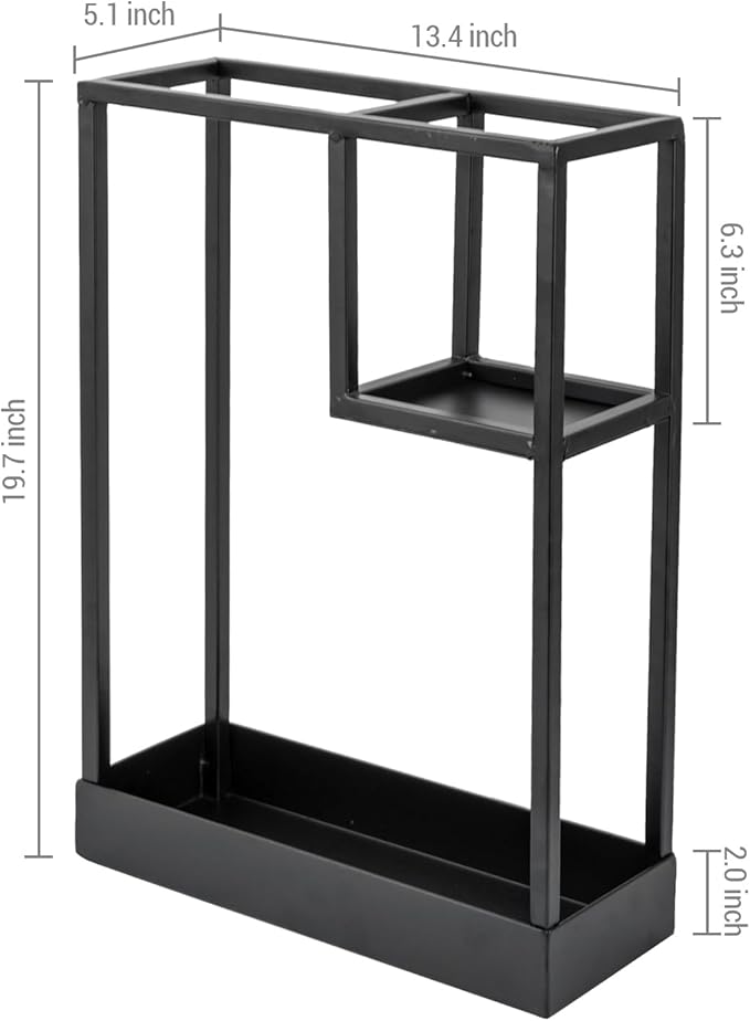 MyGift Modern Black Metal Entryway Umbrella Rack with Geometric Design, 13 x 5-inch Wide Rectangular Freestanding Cane Umbrella Holder with Shelf for Small Umbrellas and Bottom Drip Catch Tray