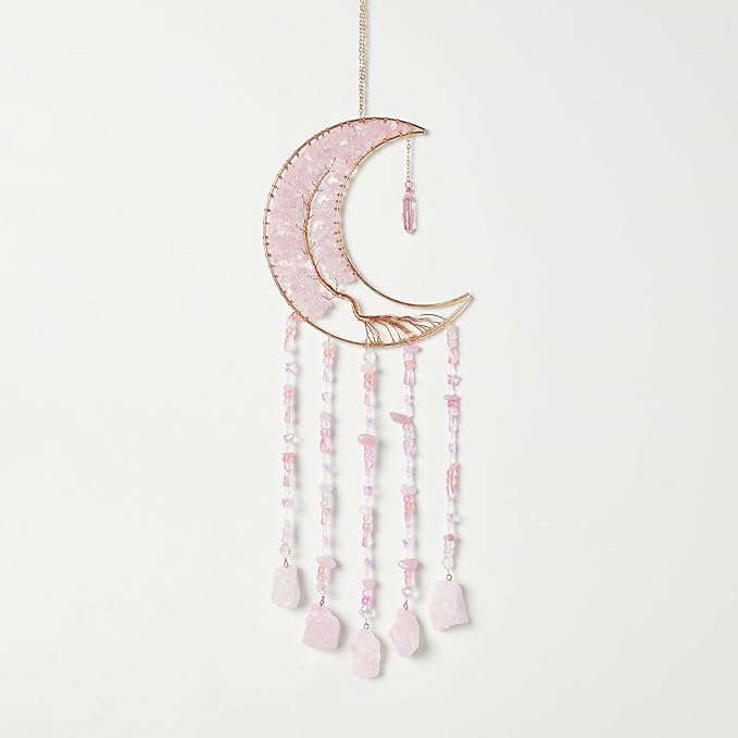 Fairy Pink Quartz Gemstone Dream Catcher 7 Chakras Tree of Life Moon Dream Catcher with Healing Crystal Stones Handmade Dreamcatcher Wall Decor for Adults Boys Girls,Bedroom,Wedding,Garden,Bless Gift
