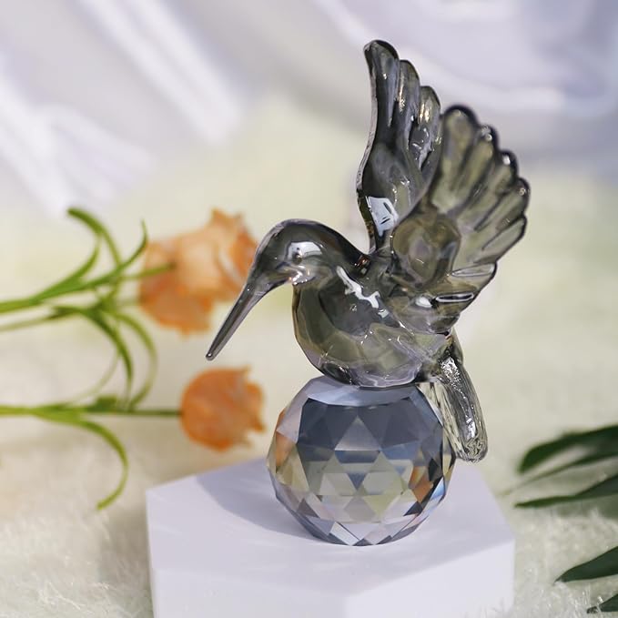 Crystal Glass Hummingbird Figurine Grey Tiny Bird Statue Hand Blown Glass Animal Sculpture Collectible Paperweight Gift for Women