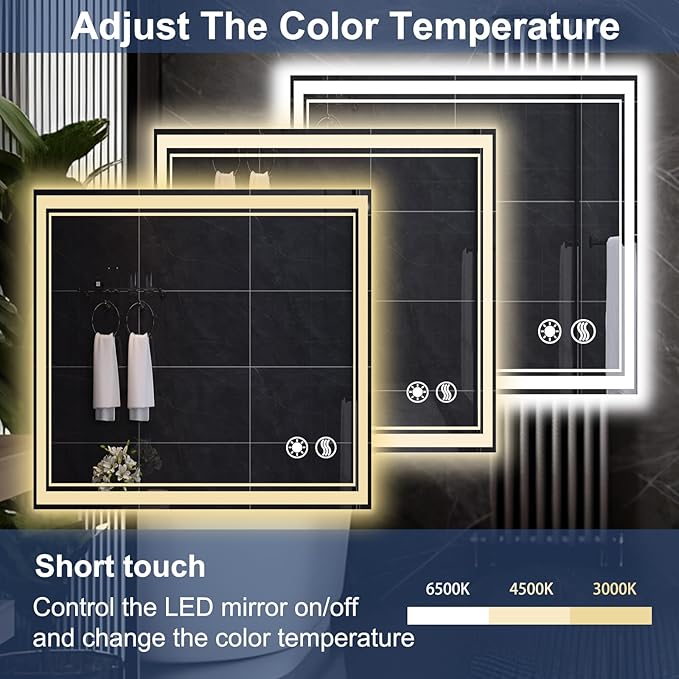 32“ x 32” LED Mirror for Bathroom Bathroom Mirror with Lights Front and Backlit LED Bathroom Mirror Anti-Fog Dimmable 3 Colors Smart Mirror Memory Function Wall Mounted