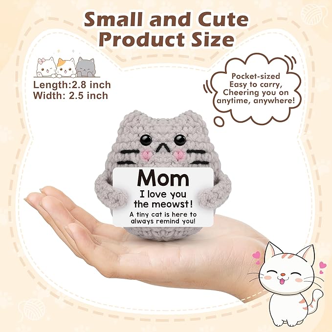 Mothers Day Birthday Gifts for Mom Grandma Godmom Positive Cat Crochet for Mom Grandma Aunt Godmother, Emotional Support Crochet Small Birthday Gifts
