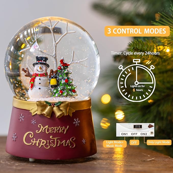 Christmas Glass Snow Globe Glitter Spinning Water Lantern Lighted Musical Snowman with Holiday Tree Scene, 6H Timer Battery & USB Powered Light for Home Decoration
