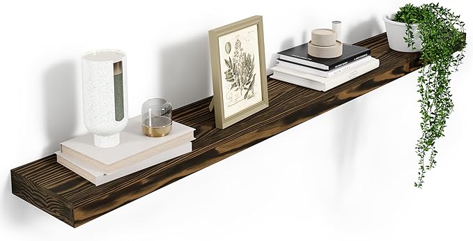 60'' Pine Wood Floating Shelf for Wall - Rustic Wall Mounted Wooden Shelf for Stylish Home Décor, Fireplace Mantel 60inch (Dark Brown, 60x8x2) - 1pcs