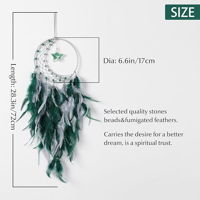 Dreamlike Moon Dream Catchers Wall Decor Crescent Dream Catcher with Crystal Stone Star Shaped Tree of Life Pendant Handmade Green Feather Dreamcatchers Wall Hanging for Girls Bedroom Wedding Gift