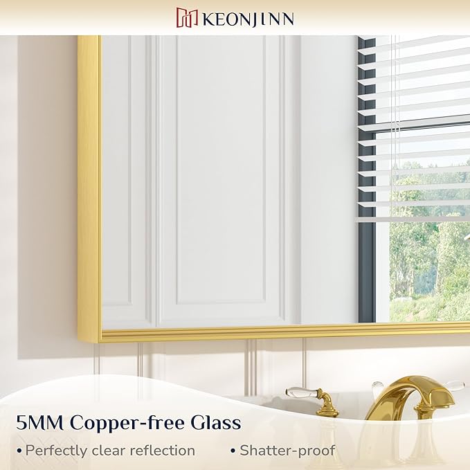 Keonjinn Gold Bathroom Vanity Mirror 28” x 36” Rectangular Wall Mirror Brushed Metal Frame Rectangle Bathroom Mirror for Over Sink Modern Farmhouse Square Corner Framed Mirror(Horizontal/Vertical)